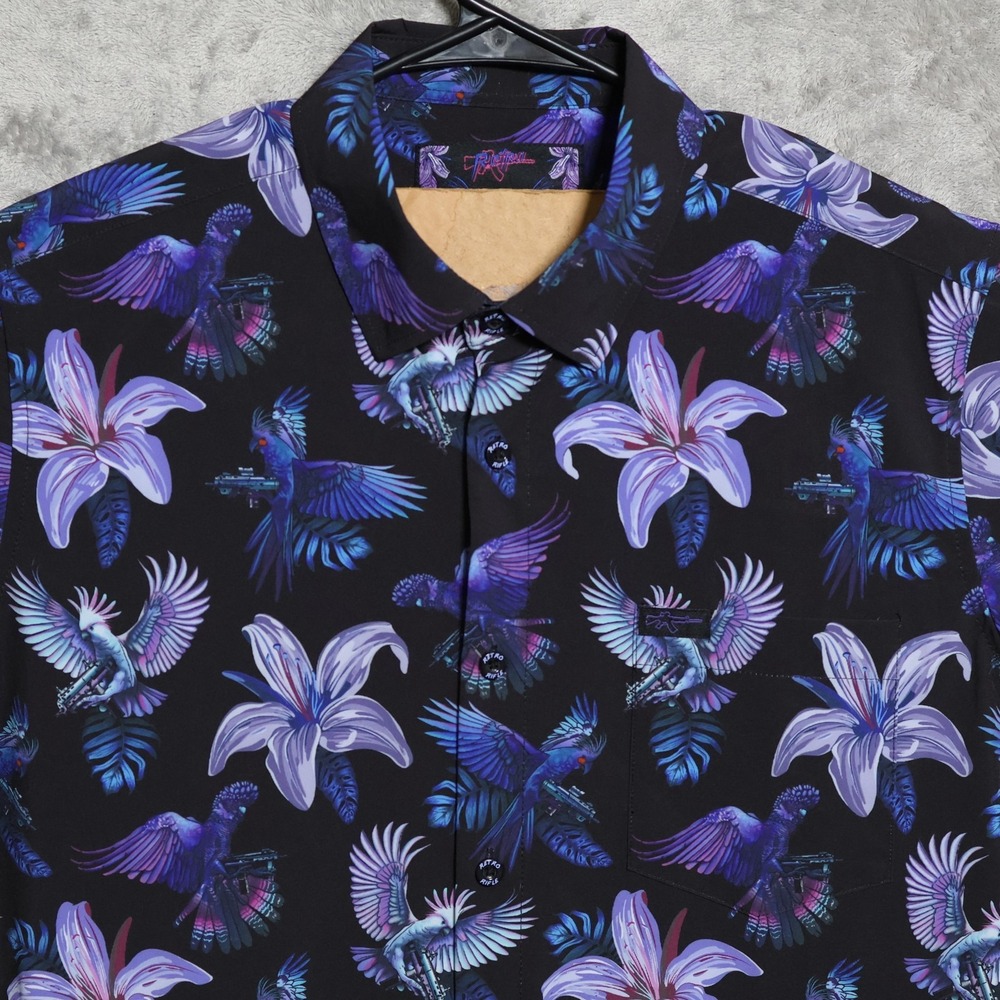 Retro Rifle Shirt Mens Medium Black Purple Cockatoo Floral Short Sleeve Casual
